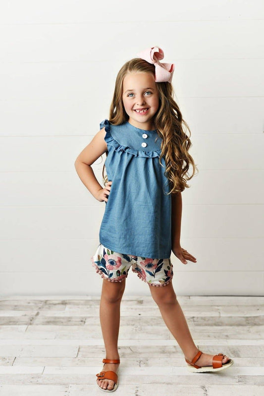 Kids Jean Floral Ruffle Button Summer Two Piece Set