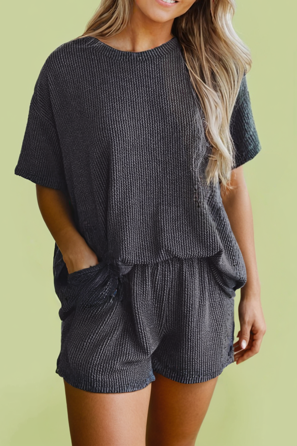 Ribbed Textured Knit Loose Fit Tee and Shorts Set Gray/Black