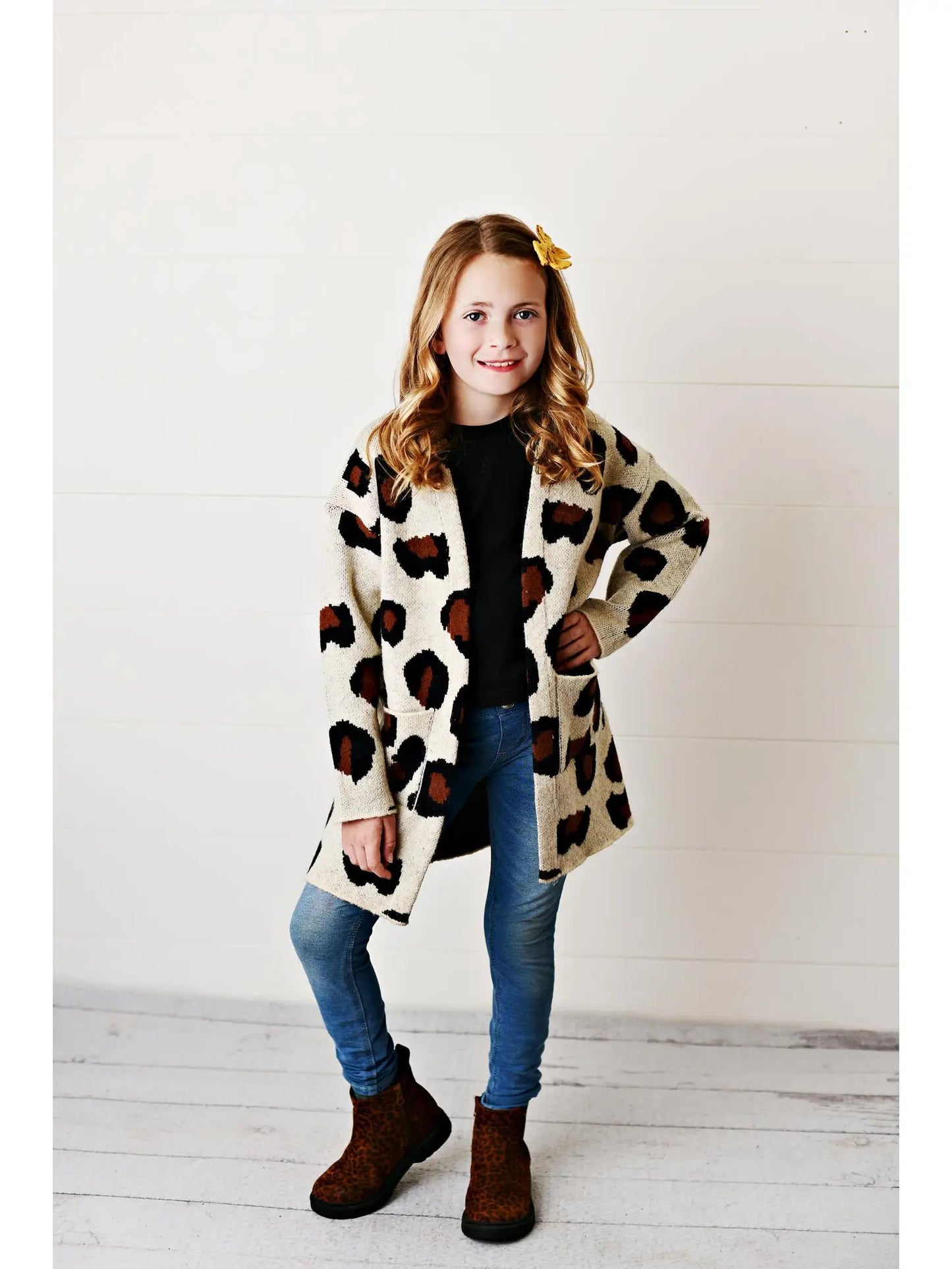 Kids Fall Leopard Long Cardigan Sweater with Pockets