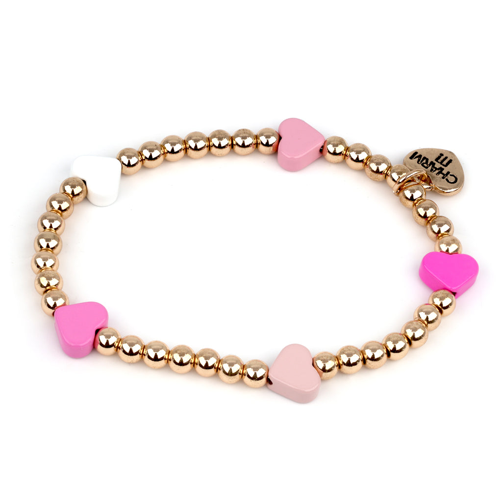 Jewelry- Gold Bead Pink Heart Stretch Bracelet