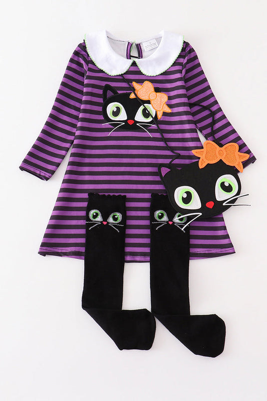 Purple Stripe Cat Dress, Socks, and Bag set