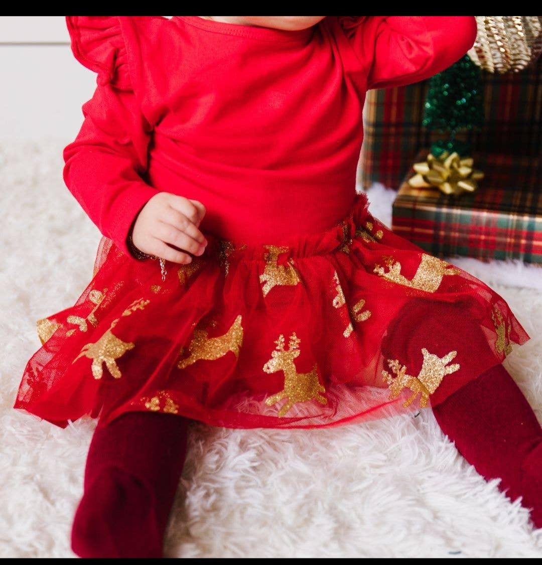 Reindeer Christmas Long Sleeve Tutu Bodysuit - Holiday Baby