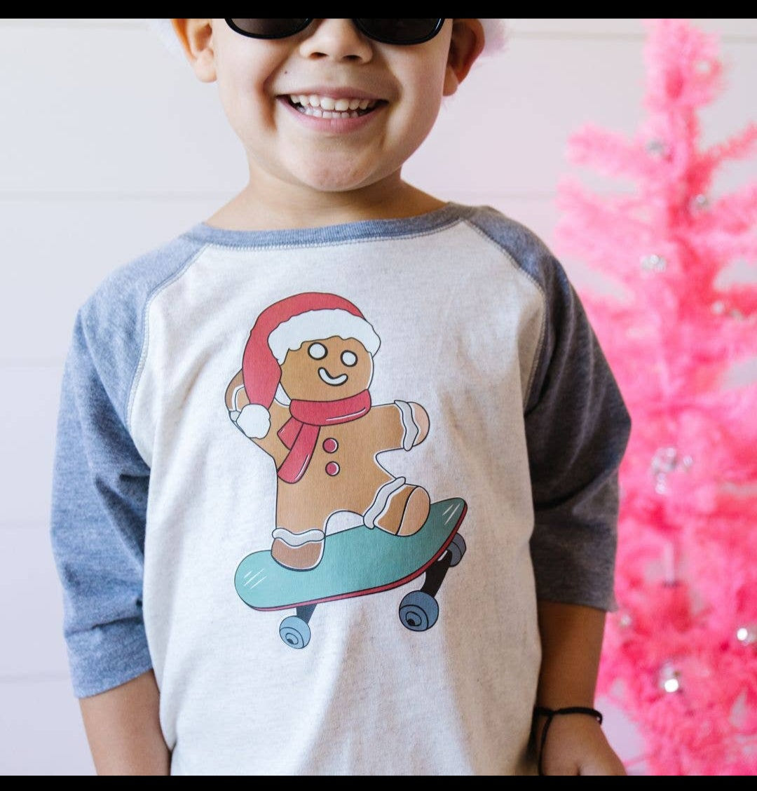 Gingerbread Skater Boy Christmas Shirt - Kids Holiday