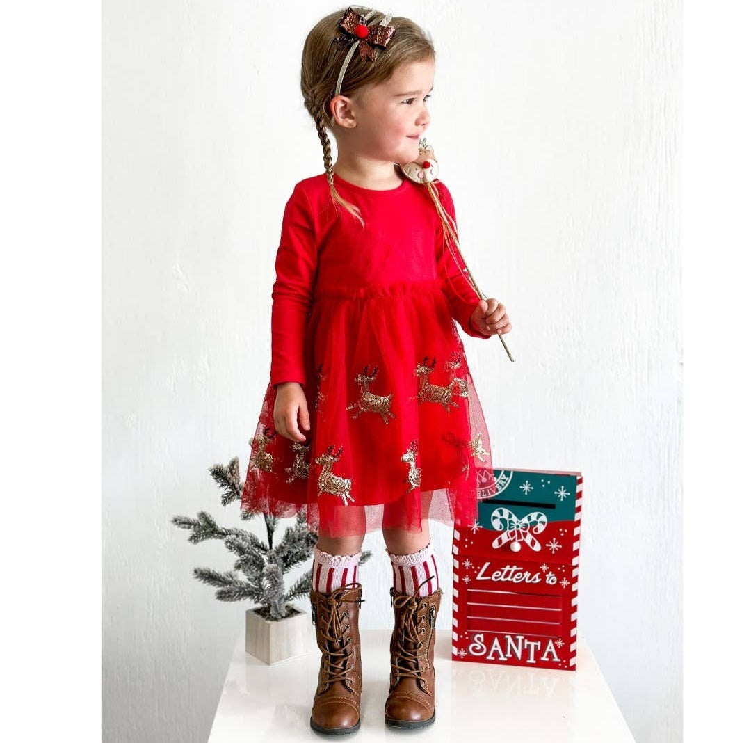 Reindeer Sequin Christmas Tutu Dress - Kids Holiday