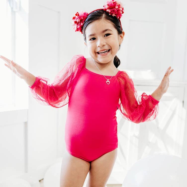 Mesh Long Sleeve Leotard - Hot Pink