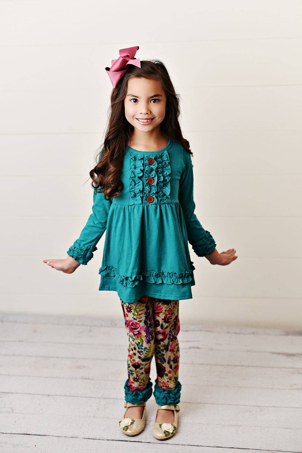 Kids Teal Plum Floral Ruffle Button Fall Two Piece Set