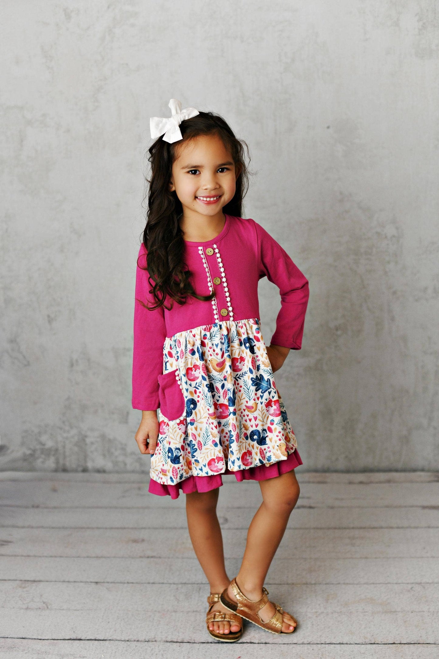 Kids Bright Pink Woodland Animal Print Fall Pocket Dress