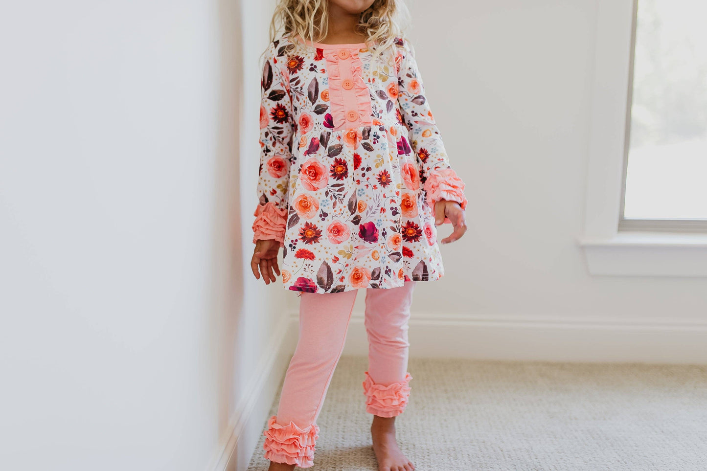 Kids Peach Floral Ruffle Button Two Piece Pant Set