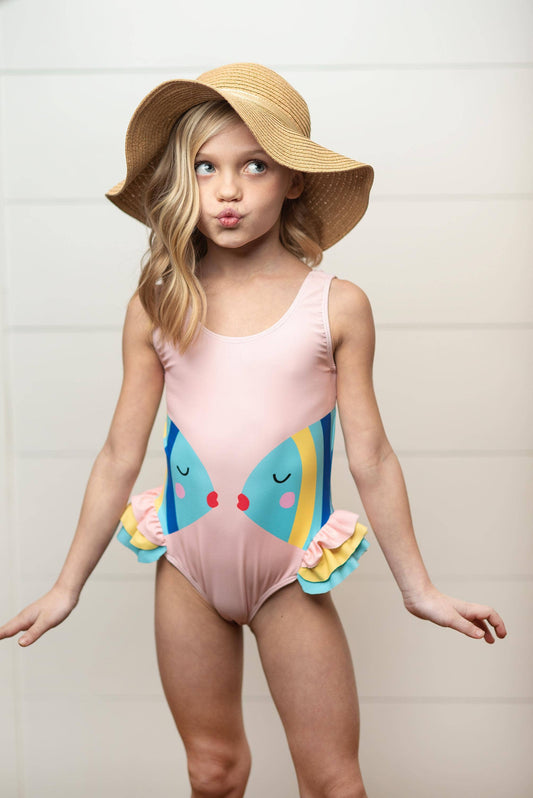 Kids Pink Fish Ruffle One Piece Swimsuit