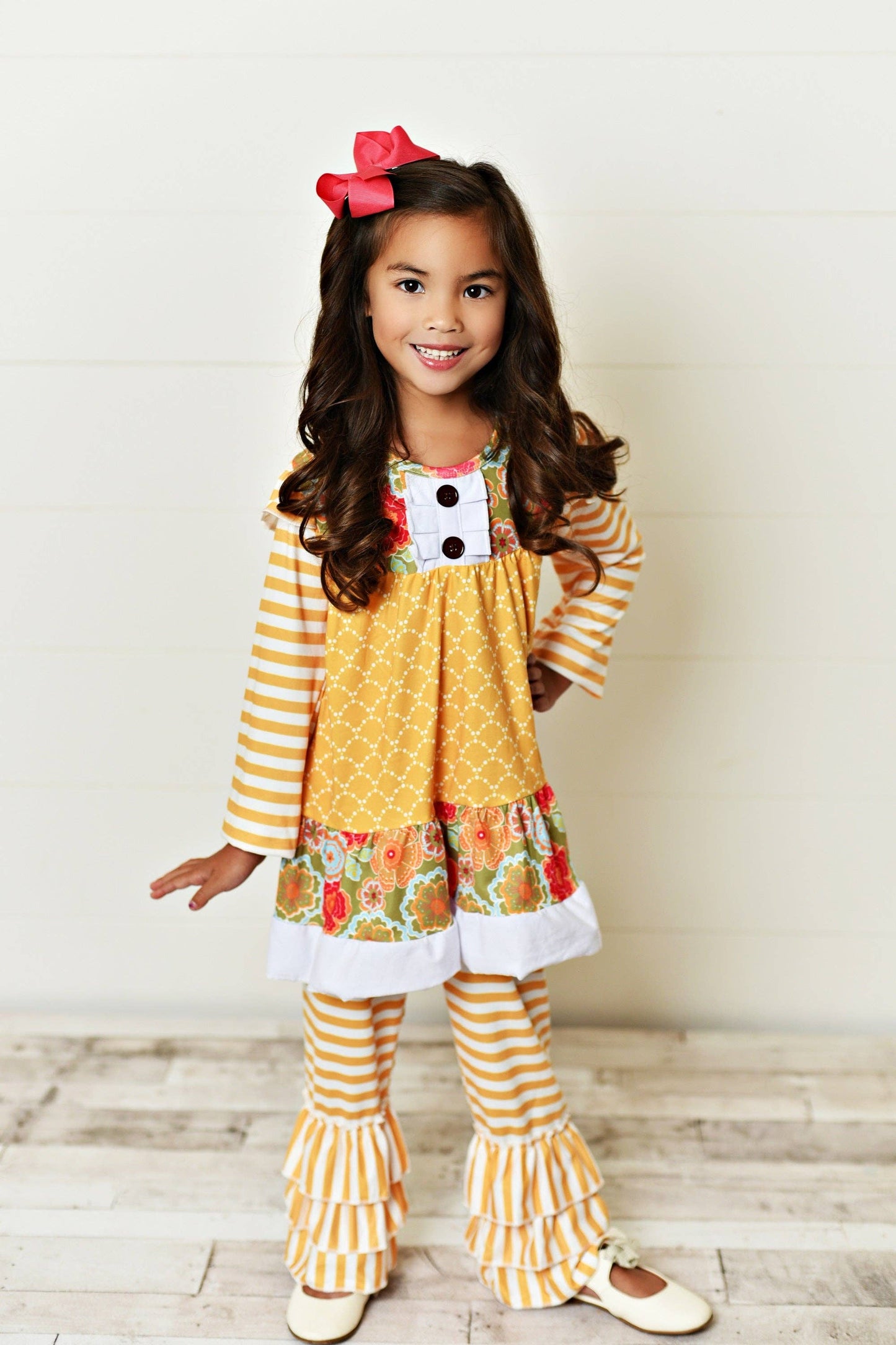 Kids Mustard Stripe Ruffle Leggings Fall Set