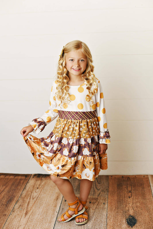 Kids Mustard Polka Dot Multi Print Long Sleeve Tiered Dress